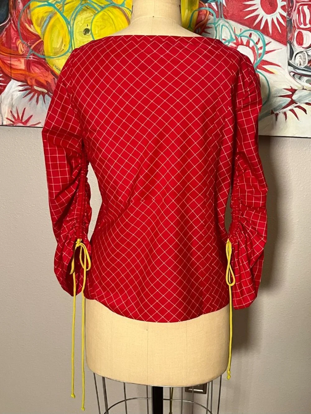 Tory Burch Windowpane Silk Tunic Top Red White Ruched Drawstring